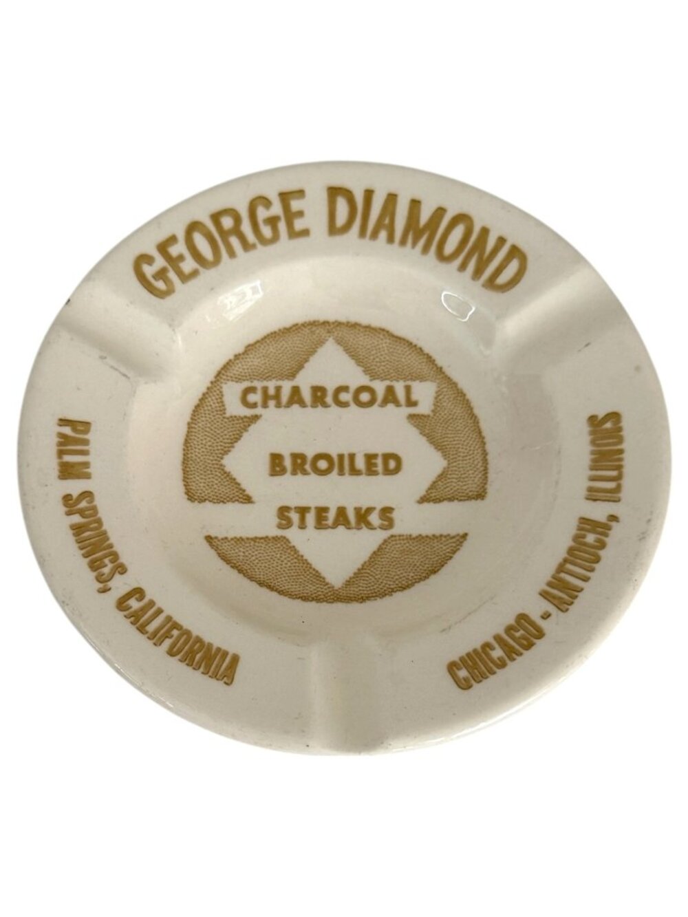 George Diamond Restaurant Ceramic Ashtray Steakhouse Off White Gold Made‎ In USA